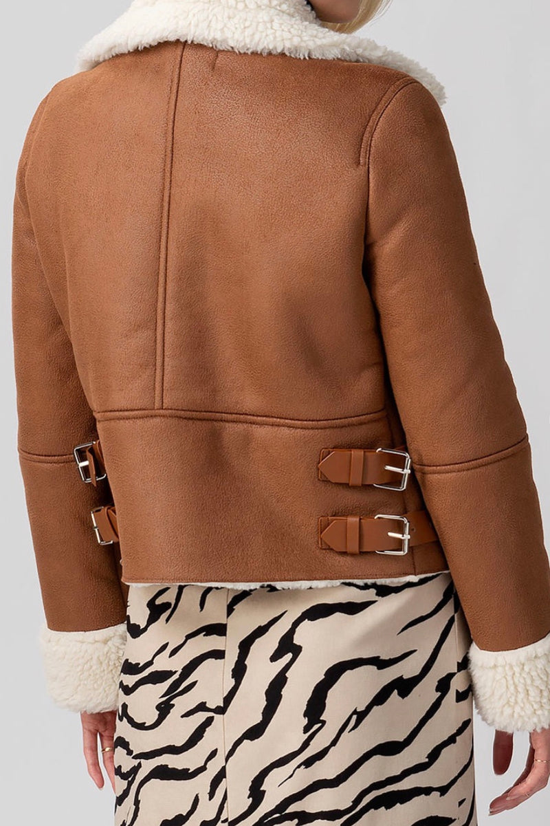 Sherpa Lined Sueded Moto Jacket in Camel