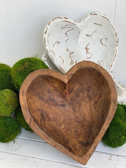 Large White Washed Wood Heart Shaped Bowl