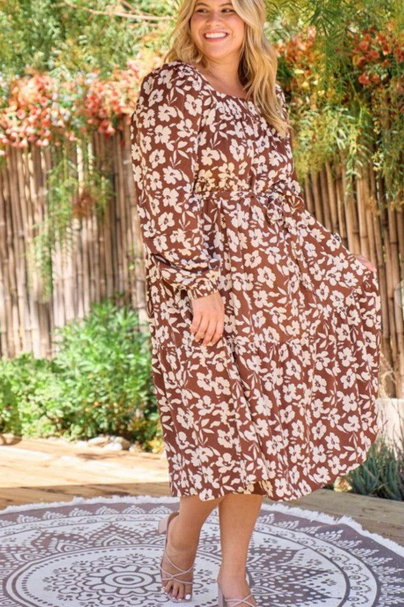 Brown Midi Floral Print Dress