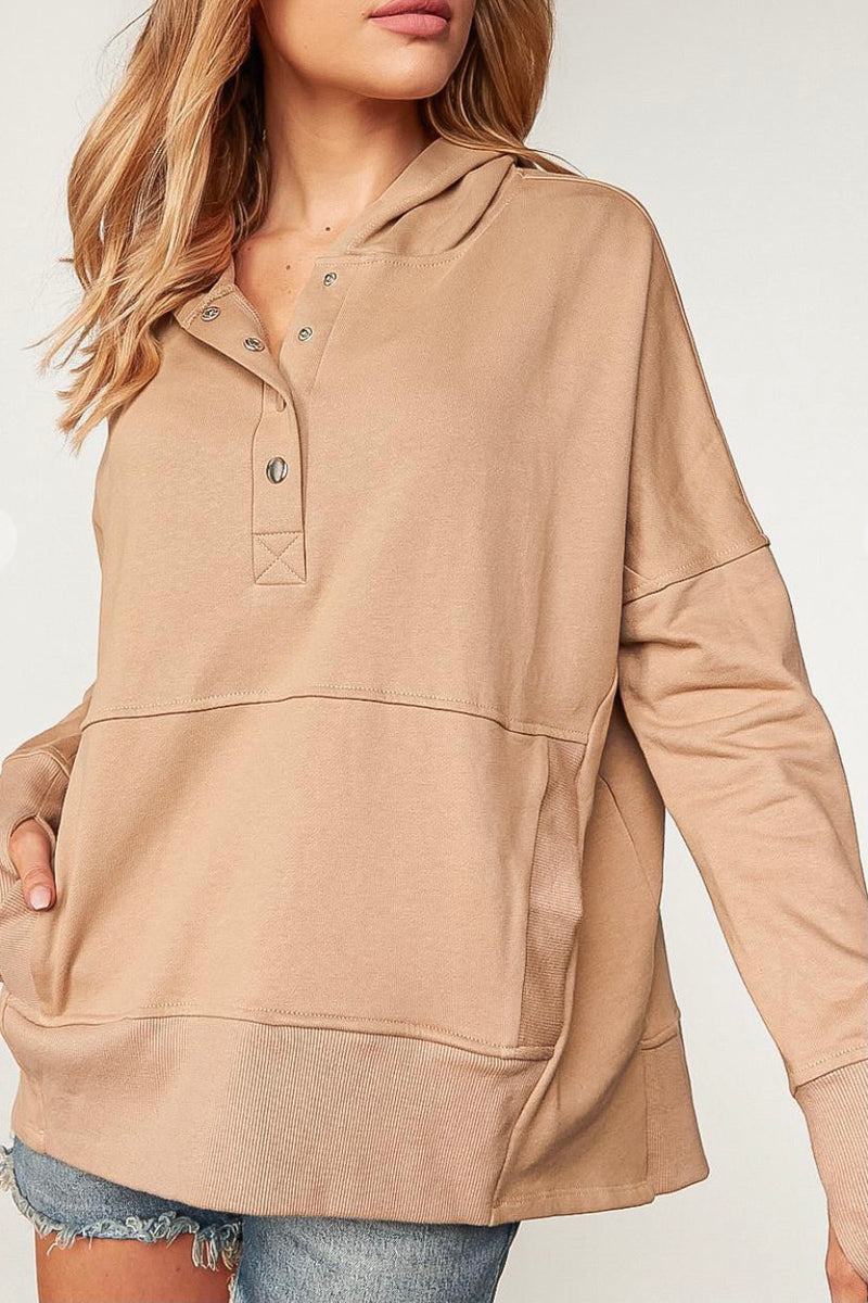 Camel Cotton Terry Hooded Pullover