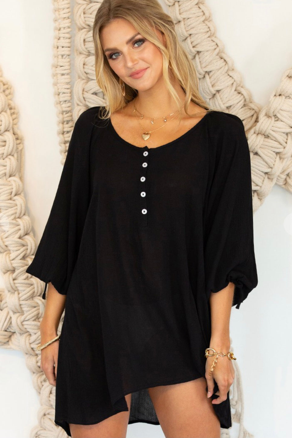black button front tunic top or bathing suit cover-up