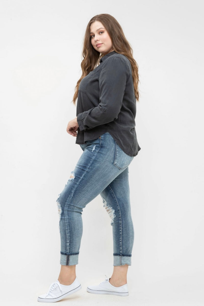Frankie Beach Distressed Cuffed Boyfriend Jeans