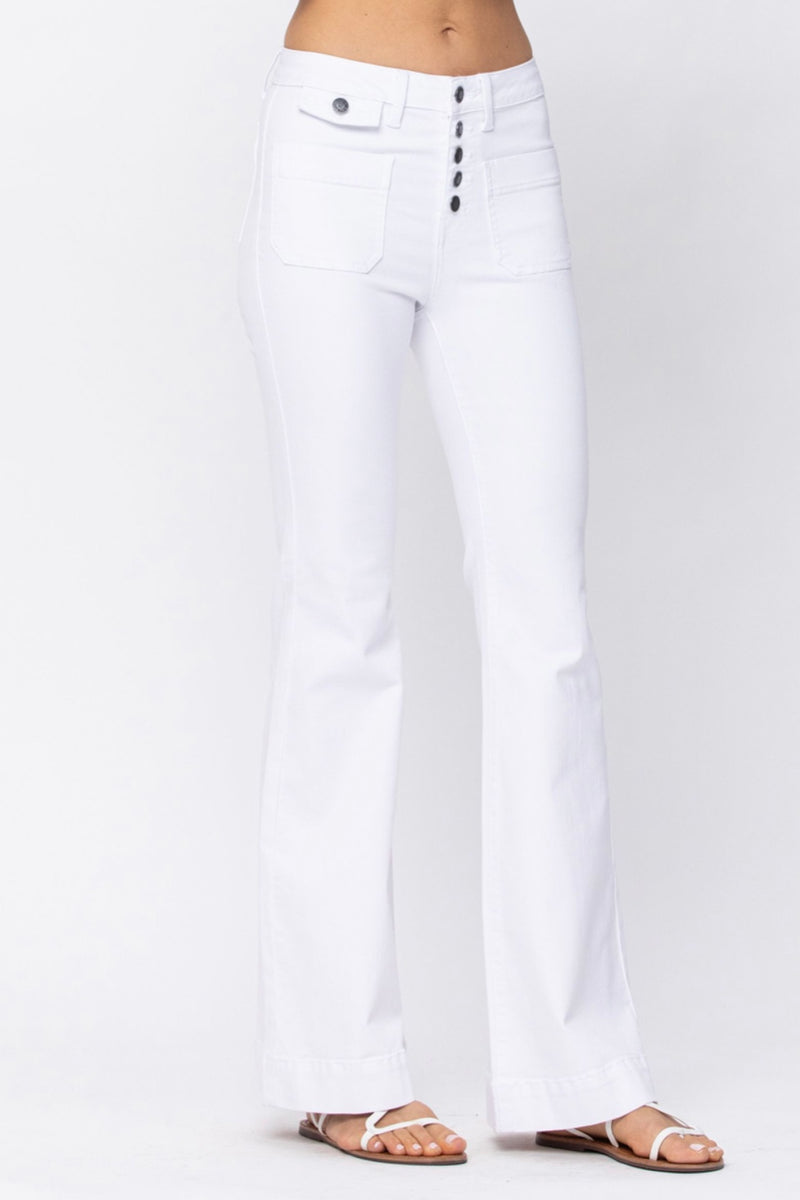 Farrah High Rise Button Front White Flare Jeans