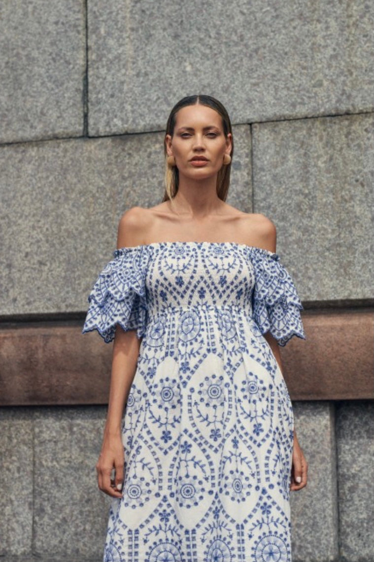 White and Blue Embroidered Cotton Maxi Dress