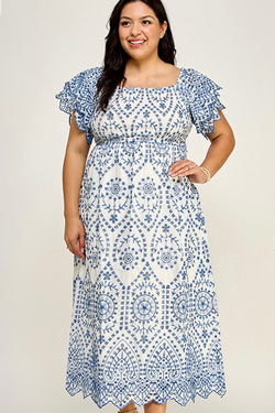 White and Blue Embroidered Cotton Maxi Dress