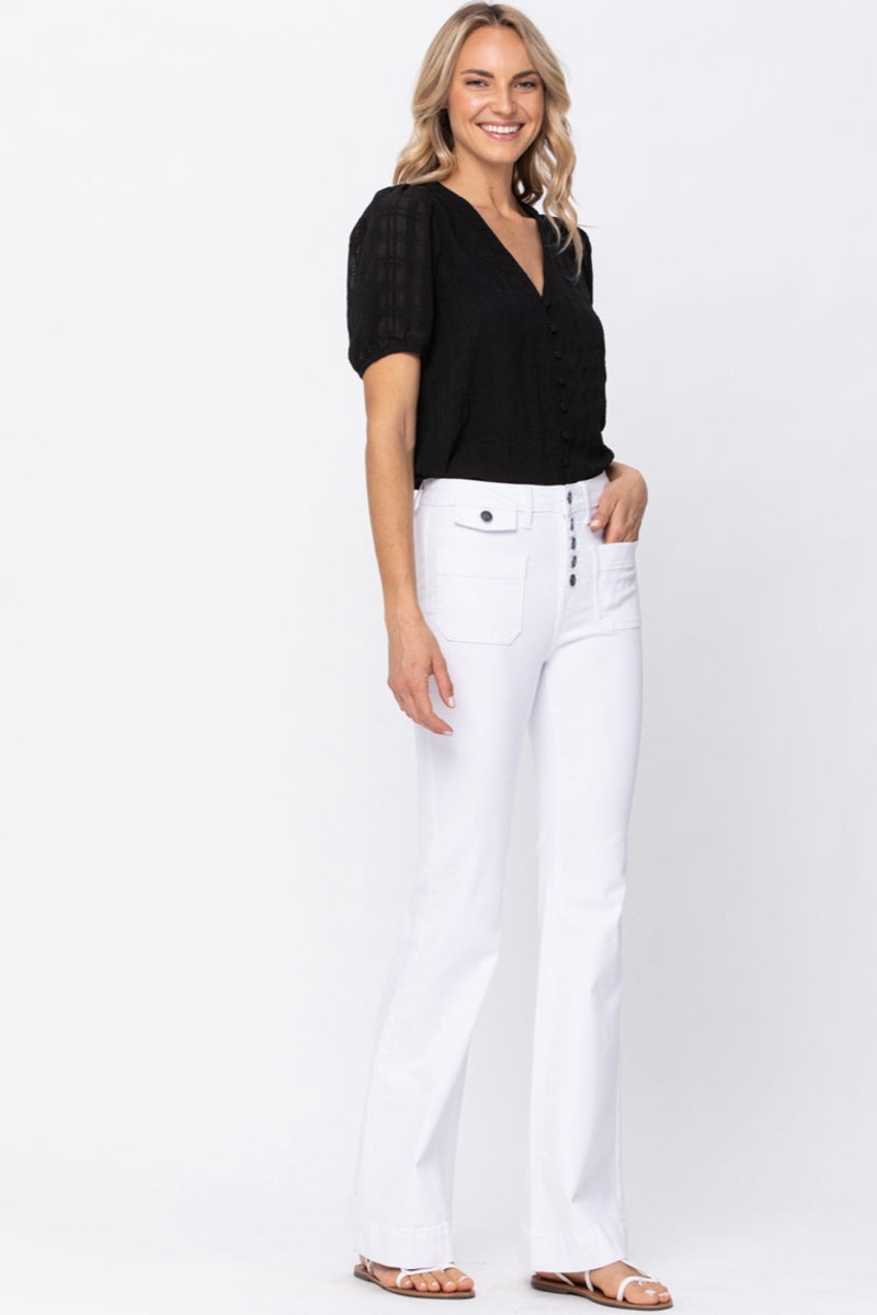 Farrah High Rise Button Front White Flare Jeans