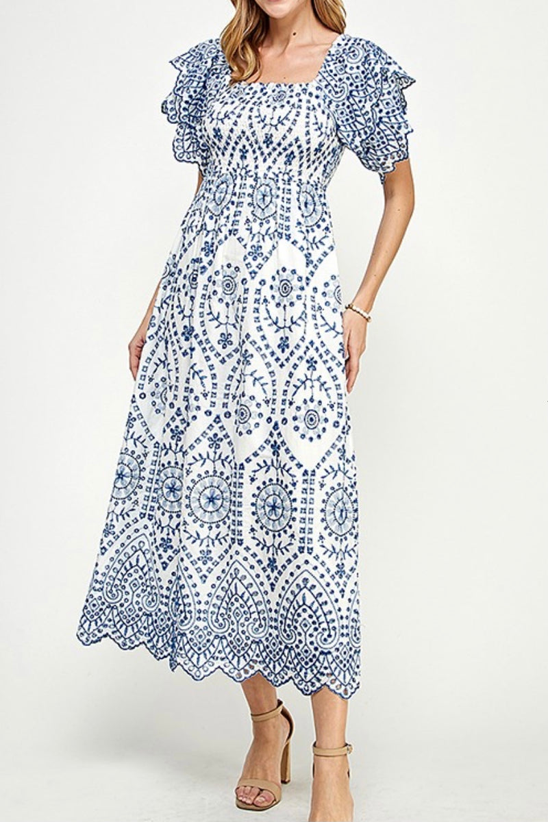 White and Blue Embroidered Cotton Maxi Dress