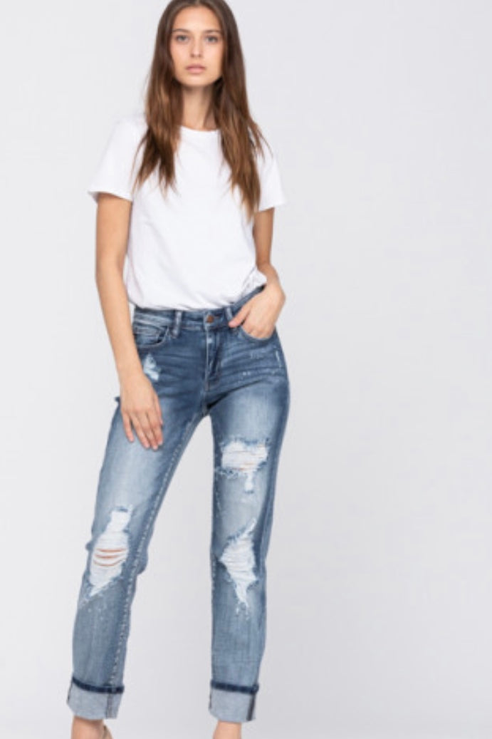 Frankie Beach Distressed Cuffed Boyfriend Jeans