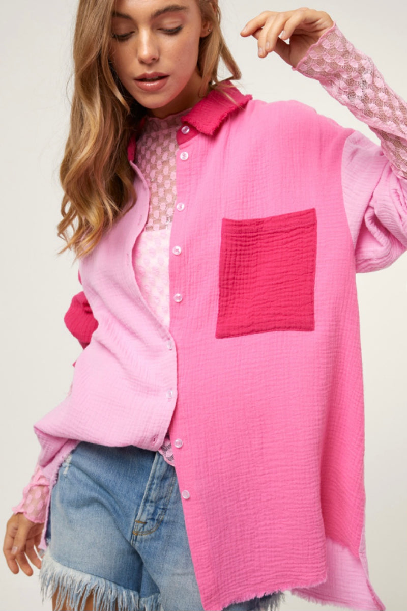 Pink Color Block Cotton Botton Down