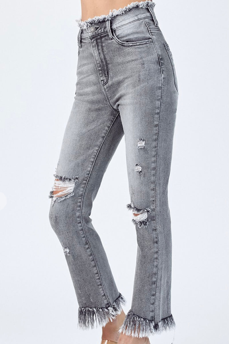 Frayed High Waist Grey Wash Jeans