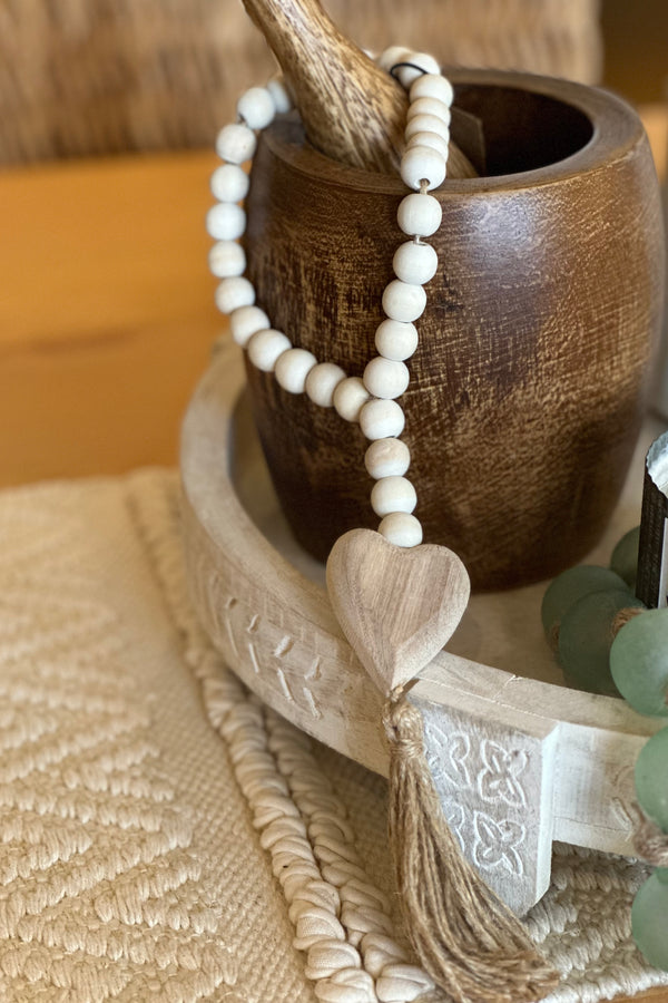 Wood Beads with Heart & Jute Tassel