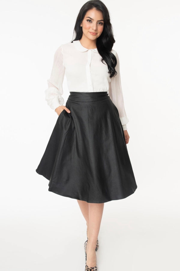 Unique| vintage| black| vegan| leather| swing| skirt|