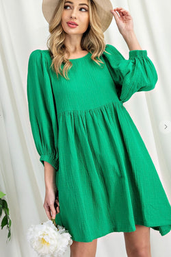 Kelly Green Washed Muslin Cotton Baby Doll Dress