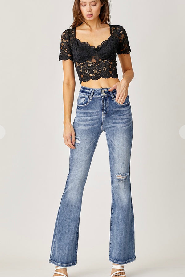 High Rise Double Button Flare Jeans