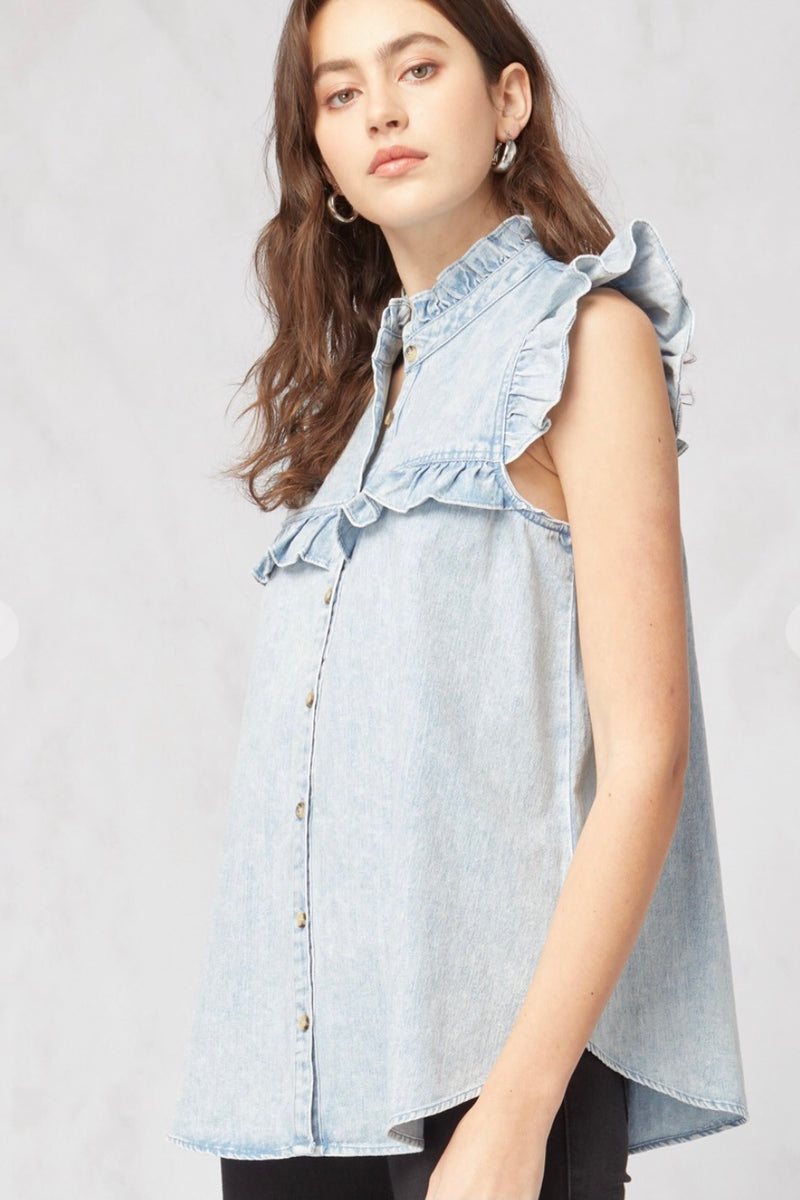 Jenny Sleeveless Ruffle Denim Top - Size XL & 1X