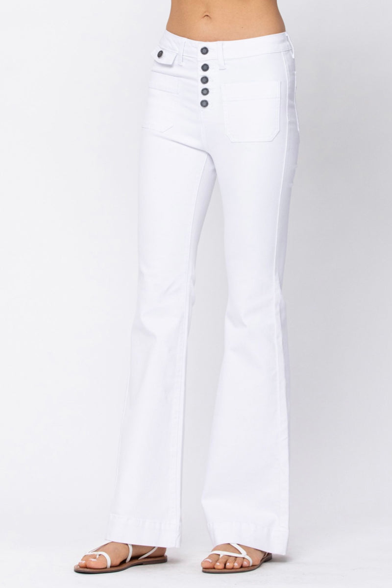 Farrah High Rise Button Front White Flare Jeans