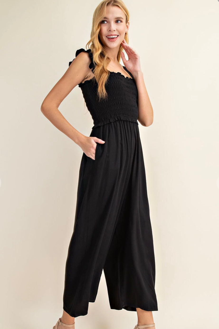 Black Smocked Jumpsuit - Size S and 3X