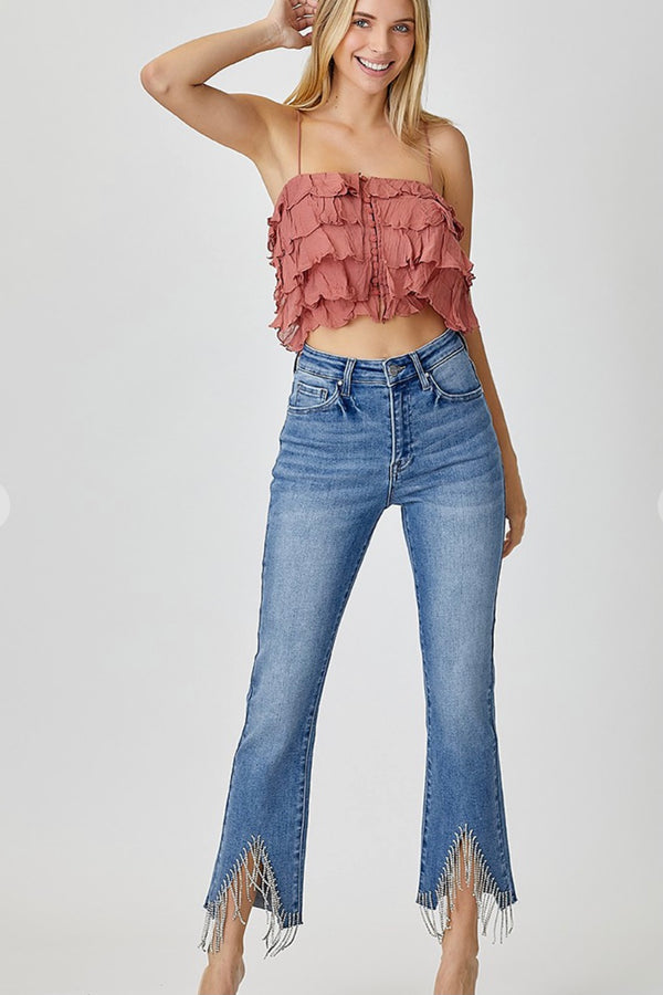 Rhinestone Fringe Straight Leg Jeans