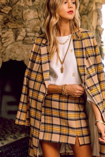 Mustard Plaid Long Blazer and Mini Skirt (Set)