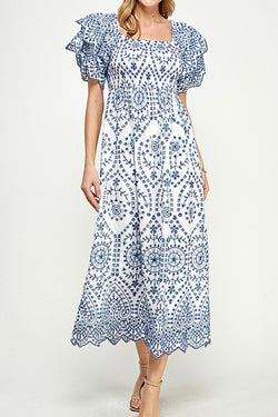 White and Blue Embroidered Cotton Maxi Dress