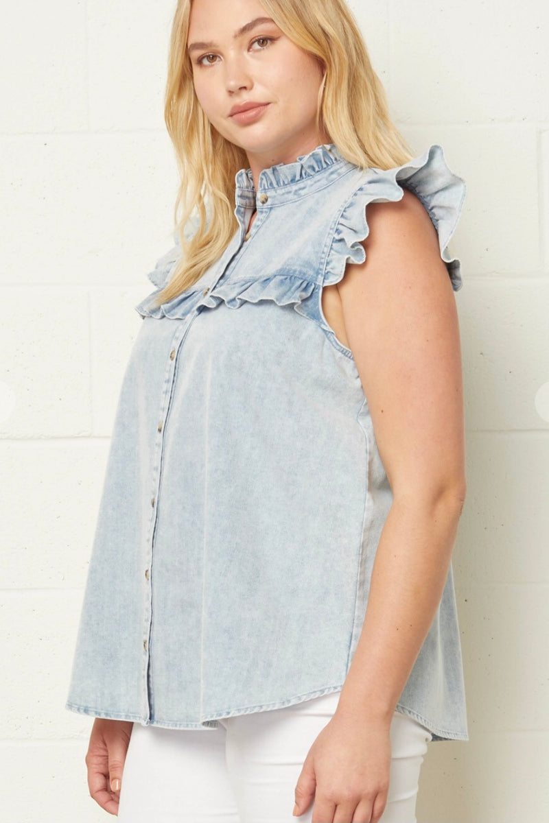 Jenny Sleeveless Ruffle Denim Top - Size XL & 1X