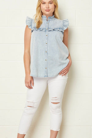 Jenny Sleeveless Ruffle Denim Top - Size XL & 1X