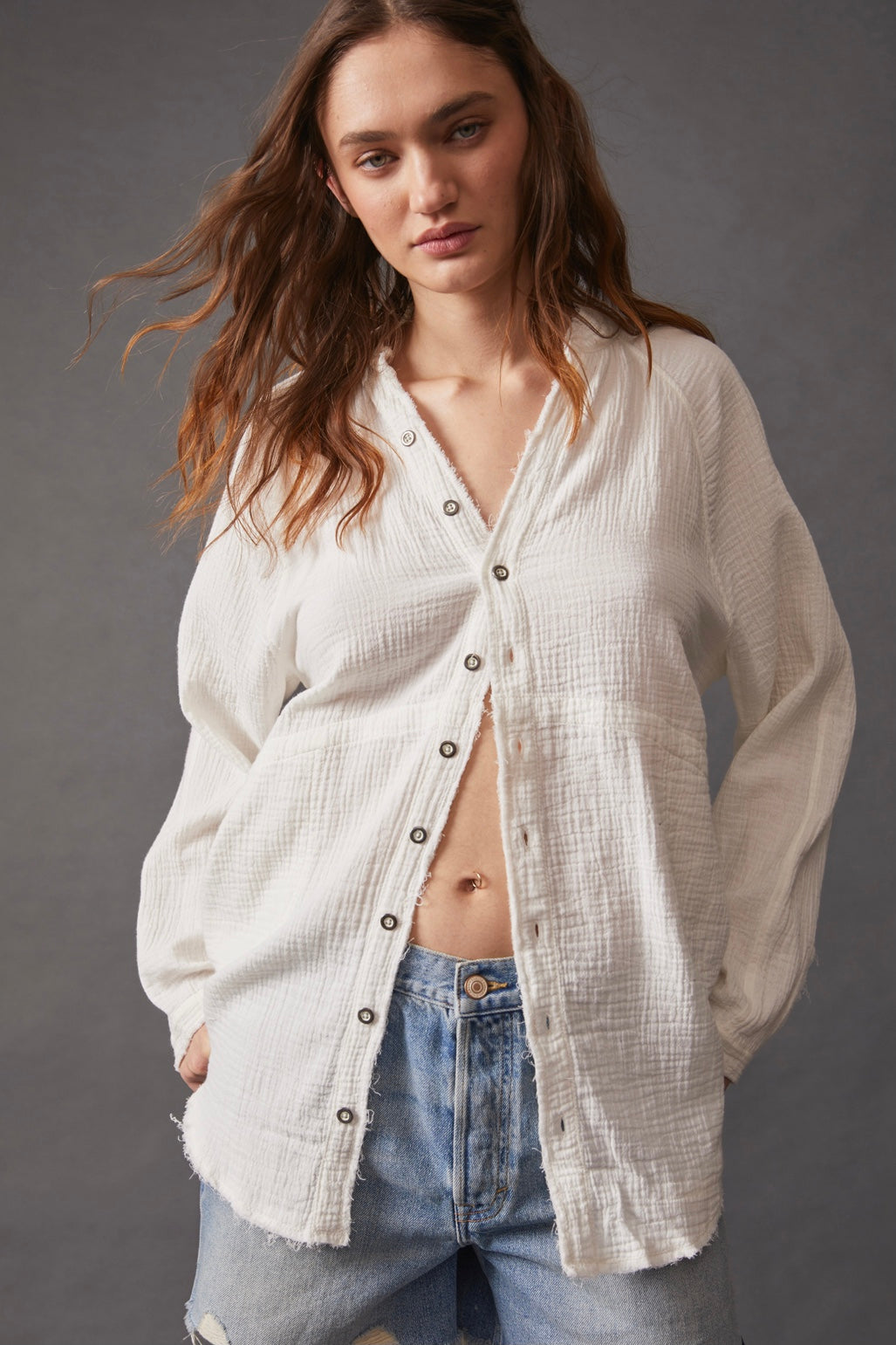 white button down top