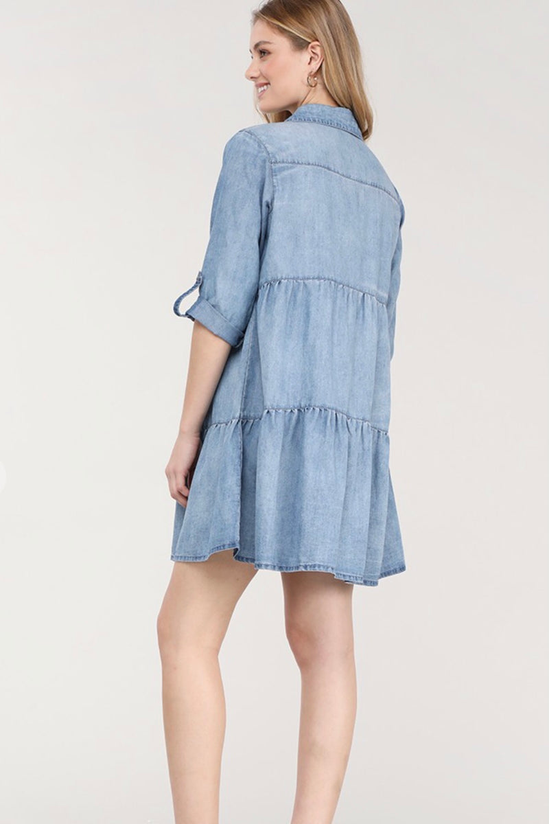 Dani Chambray Denim Tiered Baby Doll Dress - Size S & M