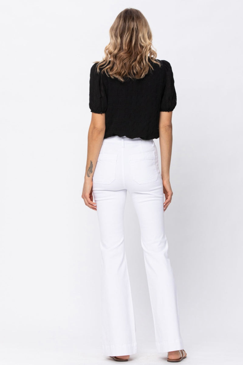 Farrah High Rise Button Front White Flare Jeans