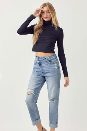 Boyfriend Cross Over Fly Distressed Cuffed Jeans