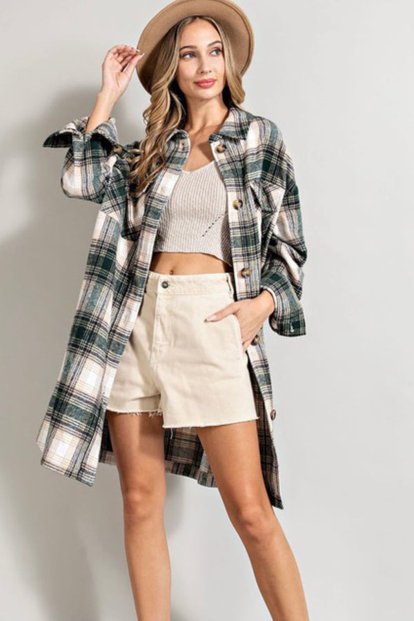 Hunter| green| long| plaid| shacket|