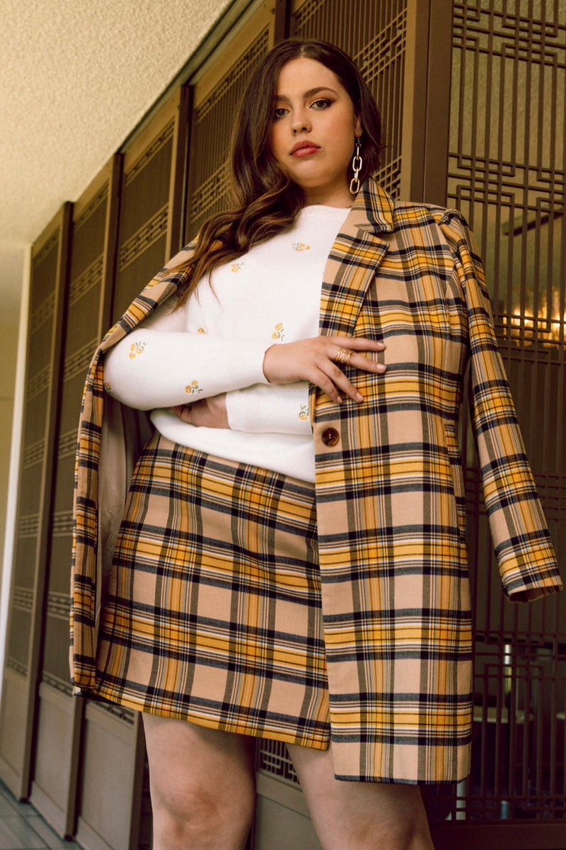 Mustard Plaid Long Blazer and Mini Skirt (Set)