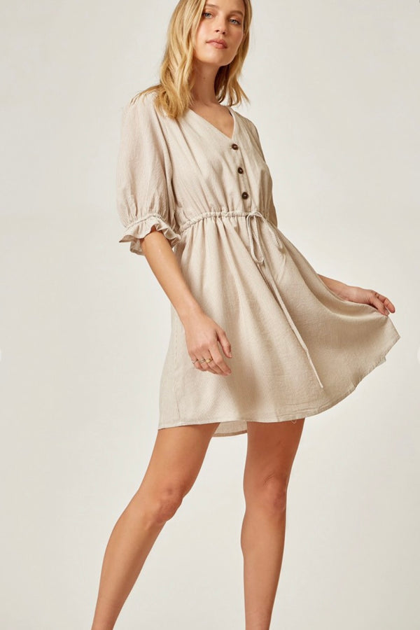 Pinstripe Puff Sleeve Dress