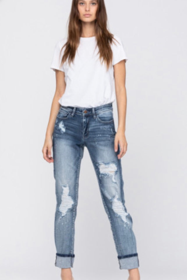 Frankie Beach Distressed Cuffed Boyfriend Jeans