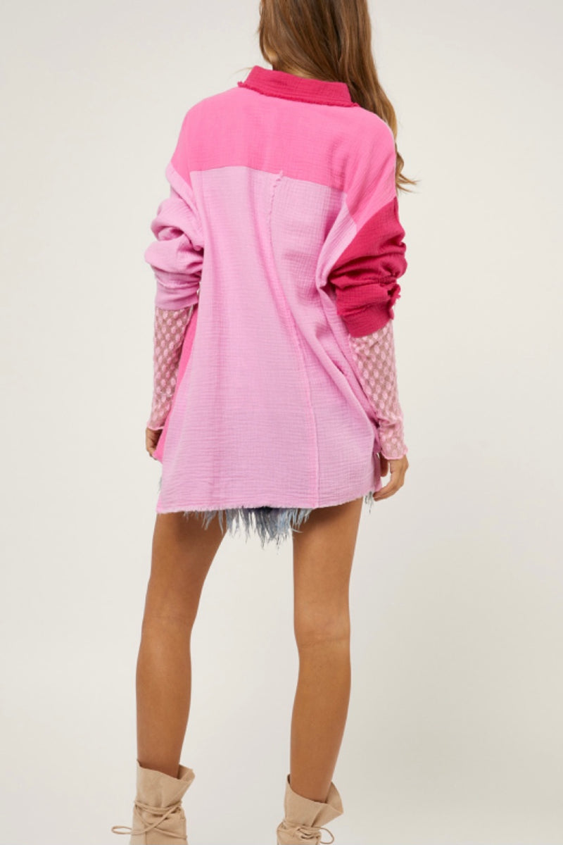 Pink Color Block Cotton Botton Down