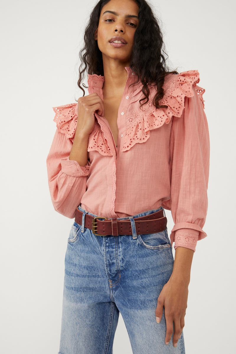 Free People Hit The Road Button Down Top in Sun Sand