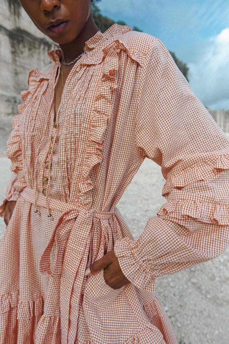 Venice Beach Gingham Smock Mini Dress in Peach - Size 4X and 5X