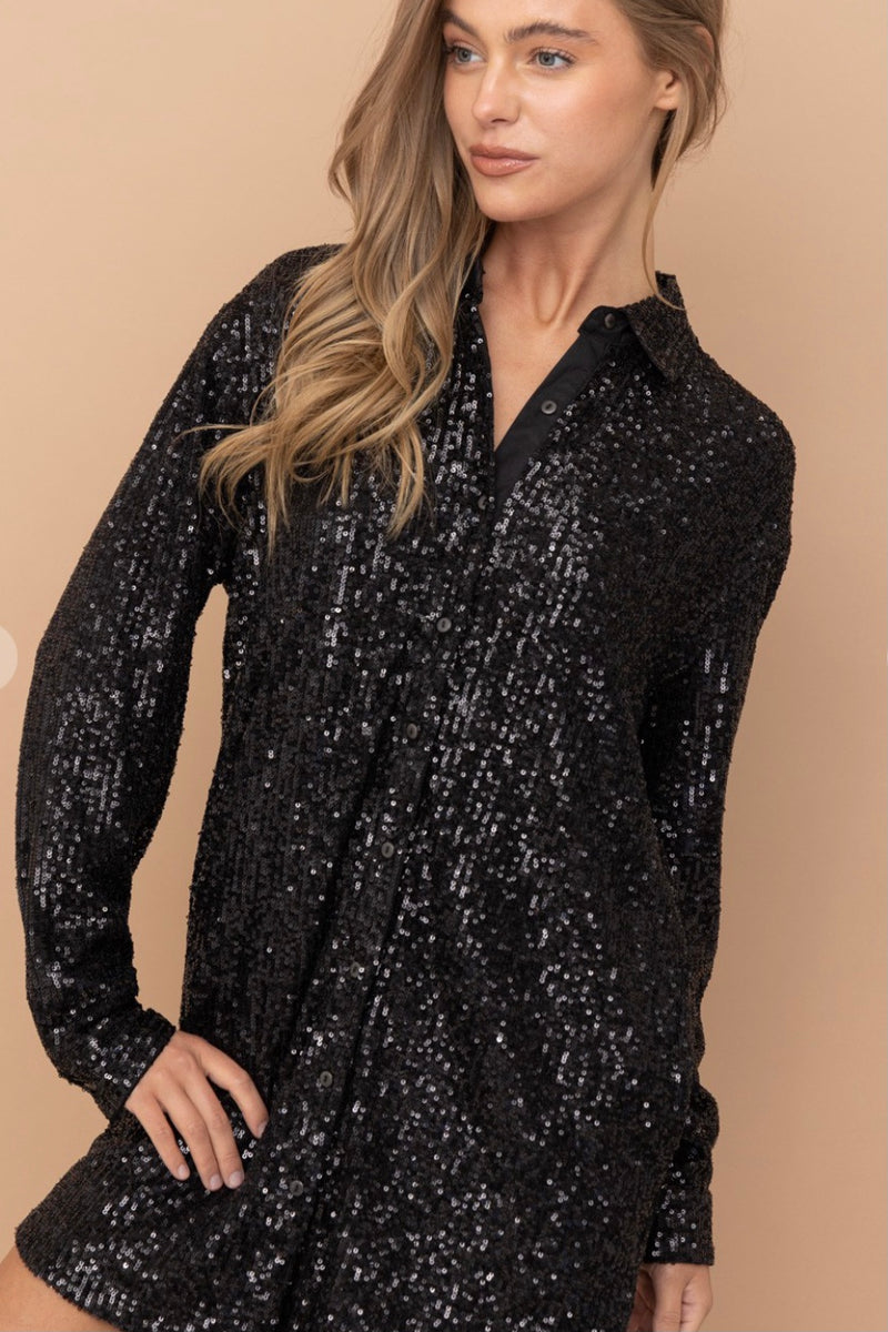 Longline Sequin Button Down Shirt