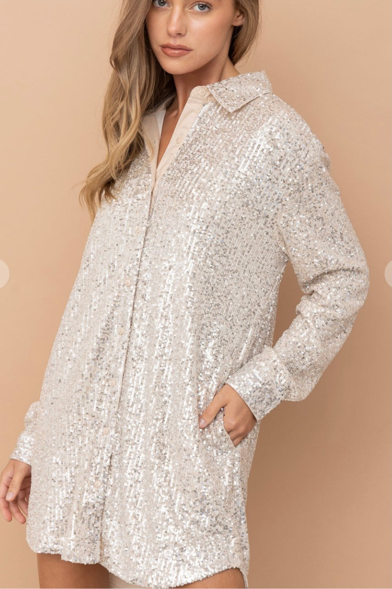 Longline Sequin Button Down Shirt