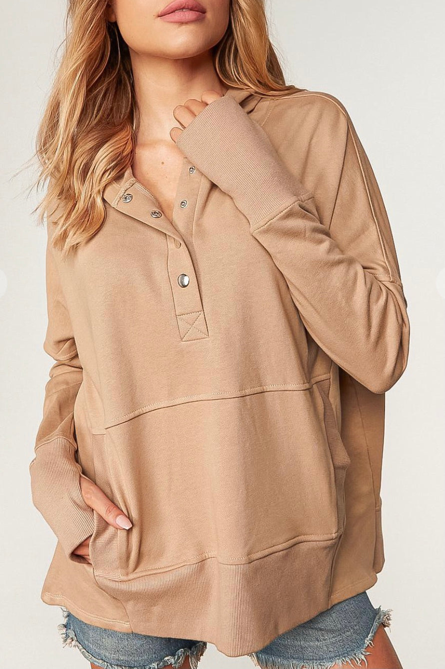 Camel Cotton Terry Hooded Pullover
