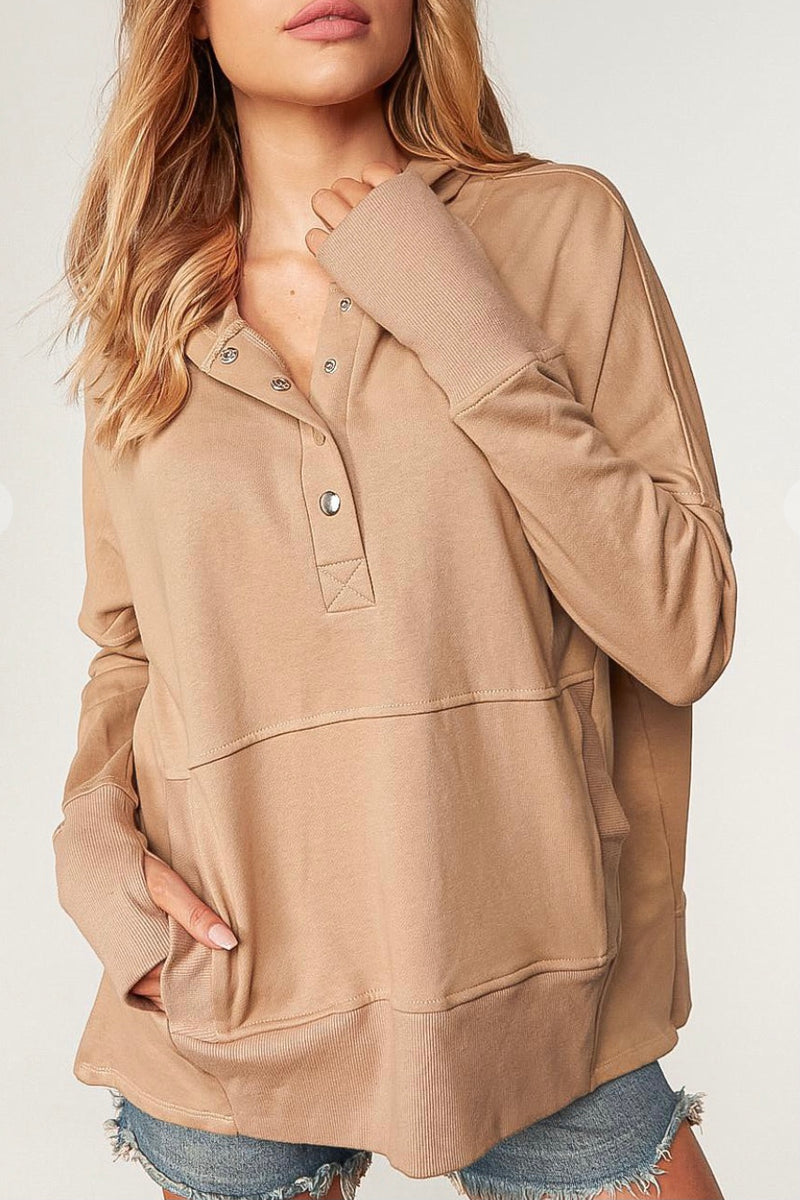 Camel Cotton Terry Hooded Pullover