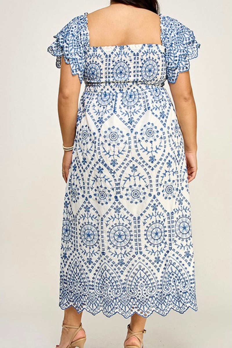 White and Blue Embroidered Cotton Maxi Dress
