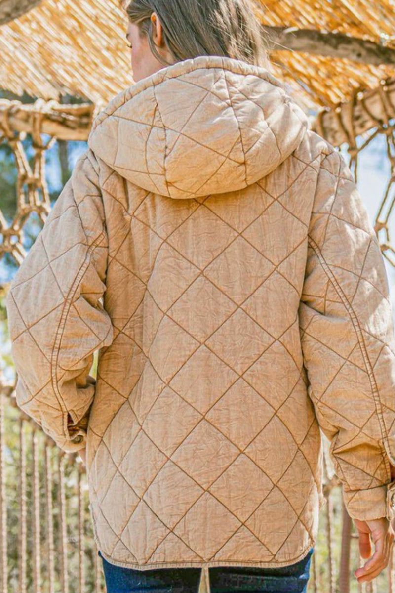 Washed Cotton Quilted 1/2 Zip Hooded Pullover