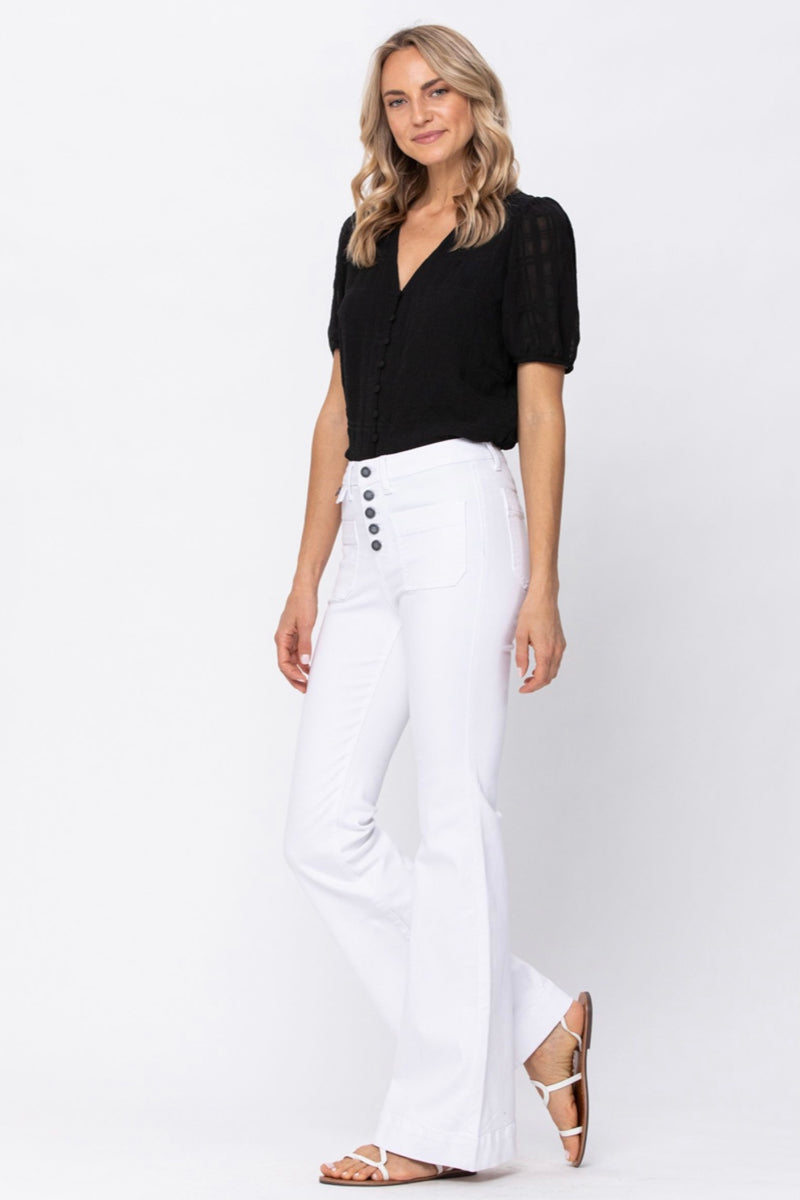 Farrah High Rise Button Front White Flare Jeans