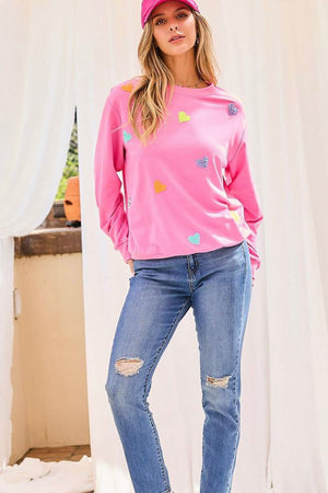Pink Sequin Heart Patch Terry Sweatshirt