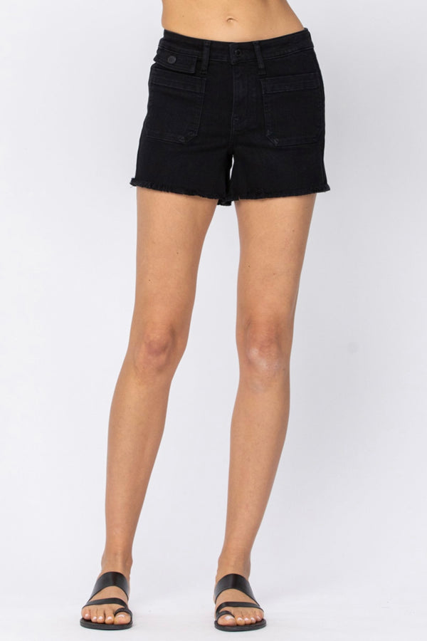 Kaitlin Cargo Patch Pocket Black Denim Shorts