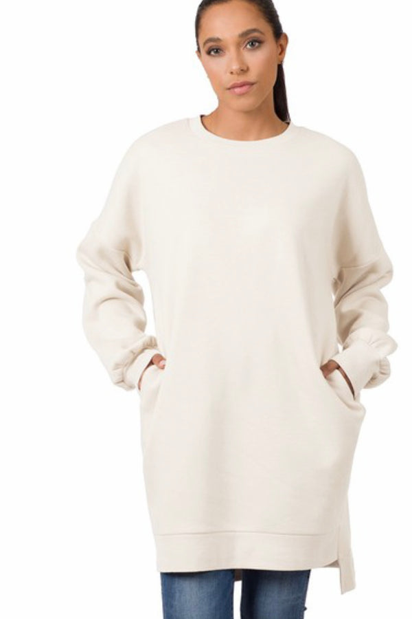 Long| crew neck| tunic| top| sweatshirt| dress| with| pockets| balloon sleeve|