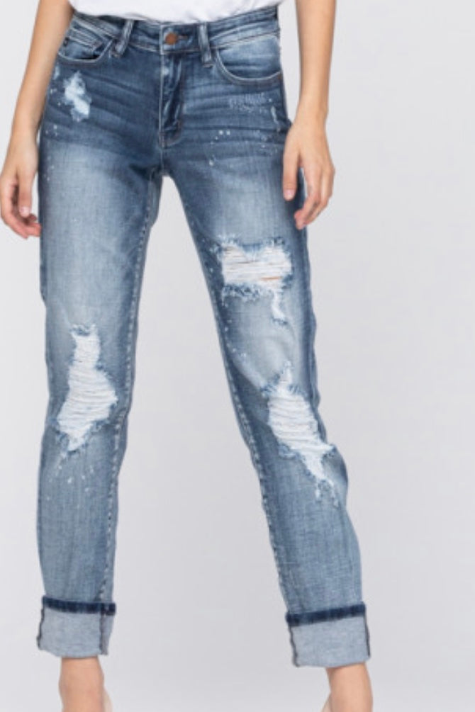 Frankie Beach Distressed Cuffed Boyfriend Jeans