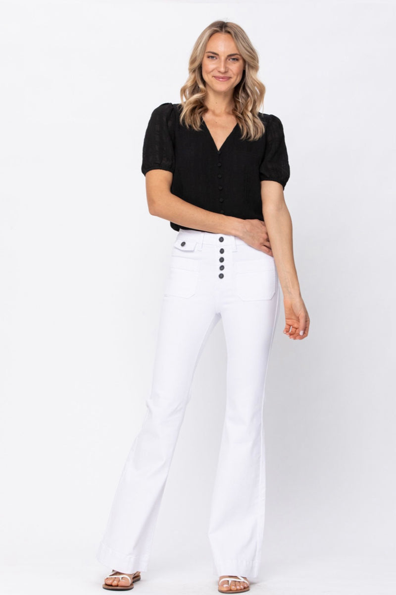 Farrah High Rise Button Front White Flare Jeans