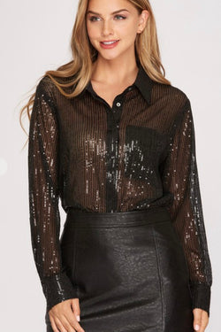 Sheer Black Sequin Button Down Top